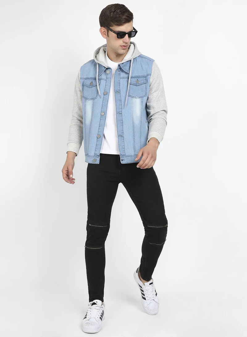 Campus Sutra Men's Blue & Grey Light-Wash Denim Jacket With Sweatshirt Sleeve