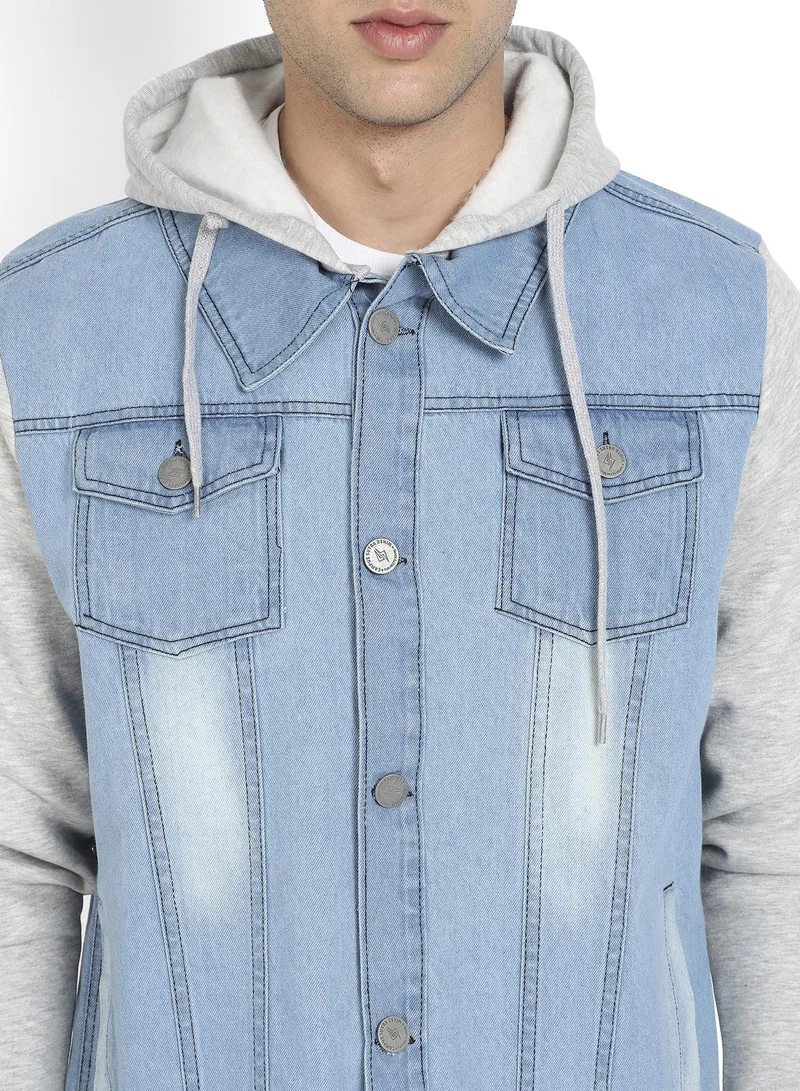 Campus Sutra Men's Blue & Grey Light-Wash Denim Jacket With Sweatshirt Sleeve