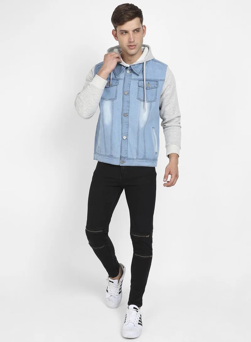 Campus Sutra Men's Blue & Grey Light-Wash Denim Jacket With Sweatshirt Sleeve