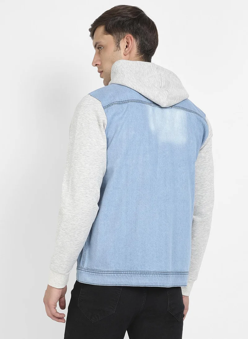 Campus Sutra Men's Blue & Grey Light-Wash Denim Jacket With Sweatshirt Sleeve