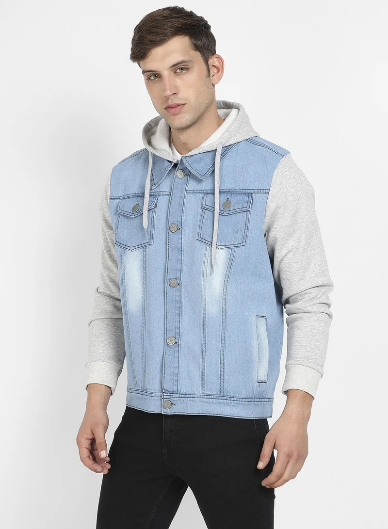 Campus Sutra Men's Blue & Grey Light-Wash Denim Jacket With Sweatshirt Sleeve
