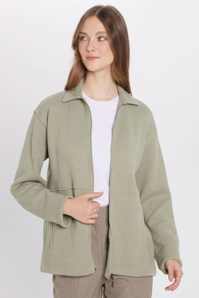 تودورس Relax Fit Comfortable Cut Knitted Zippered Double Pocket Water Green Winter Shirt