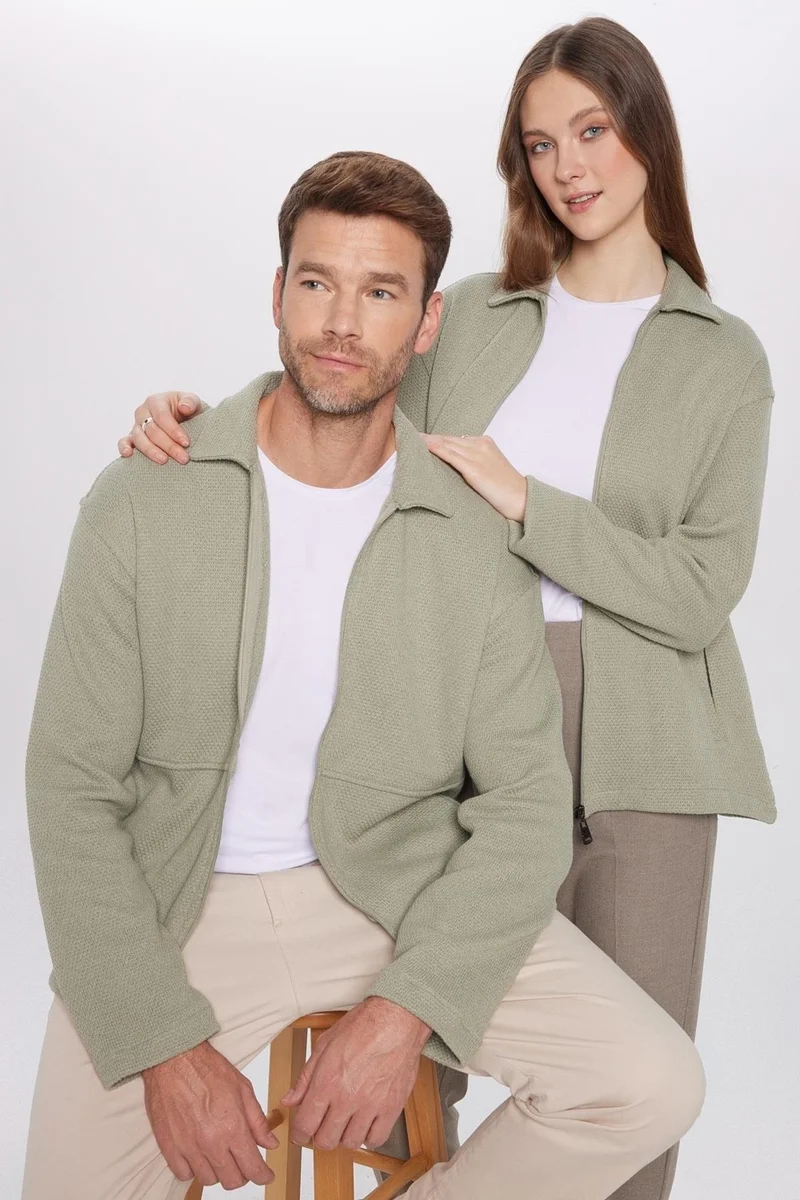 تودورس Relax Fit Comfortable Cut Knitted Zippered Double Pocket Water Green Winter Shirt