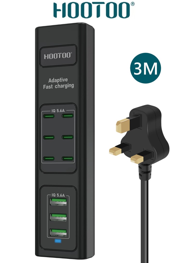 هوتو منصة شحن متعددة الاستخدامات بتسعة منافذ (6 شاحن تايب سي& 3 يو اس بي). فيش جداري قابل لتمديد بسلك بطول 3 متر. محطة شحن بقوة تصل حتى 5.6 أمبير. راس شاحن تايب سي تدعم الشحن السريع PD. فيش شاحن مقاوم للحرارة العالية وجهد التيار. أسود - Image 1