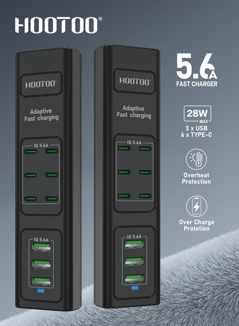 هوتو منصة شحن متعددة الاستخدامات بتسعة منافذ (6 شاحن تايب سي& 3 يو اس بي). فيش جداري قابل لتمديد بسلك بطول 3 متر. محطة شحن بقوة تصل حتى 5.6 أمبير. راس شاحن تايب سي تدعم الشحن السريع PD. فيش شاحن مقاوم للحرارة العالية وجهد التيار. أسود - Image 4