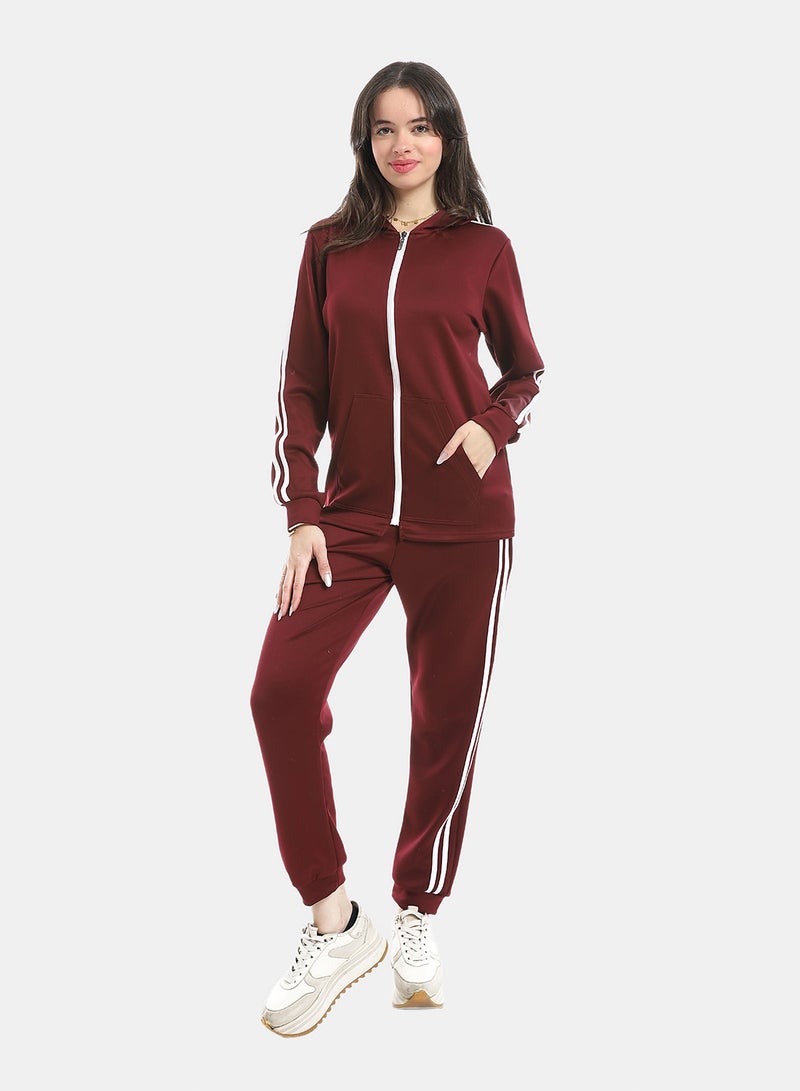Andora Dark Red Long Sleeves Hooded Zipped Tracksuit_Red - Image 1