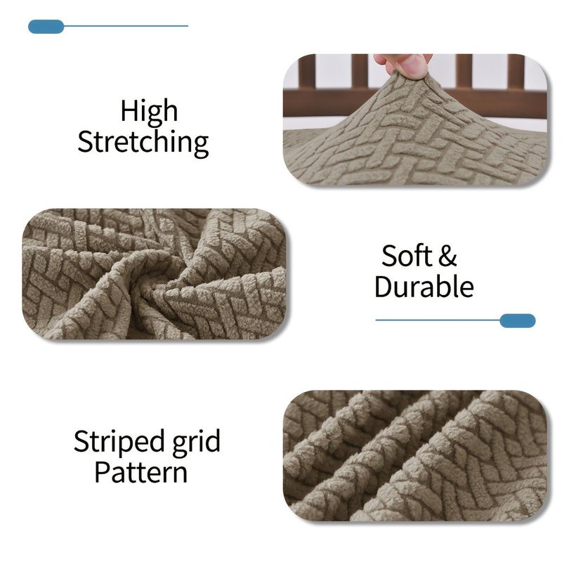 Set Of 4 Anti Slip Seat Covers With Buckle And Tongue Striped Checkered Double Elastic Stretch Jacquard Cushion Covers Washable Chair Covers Beige - Image 4