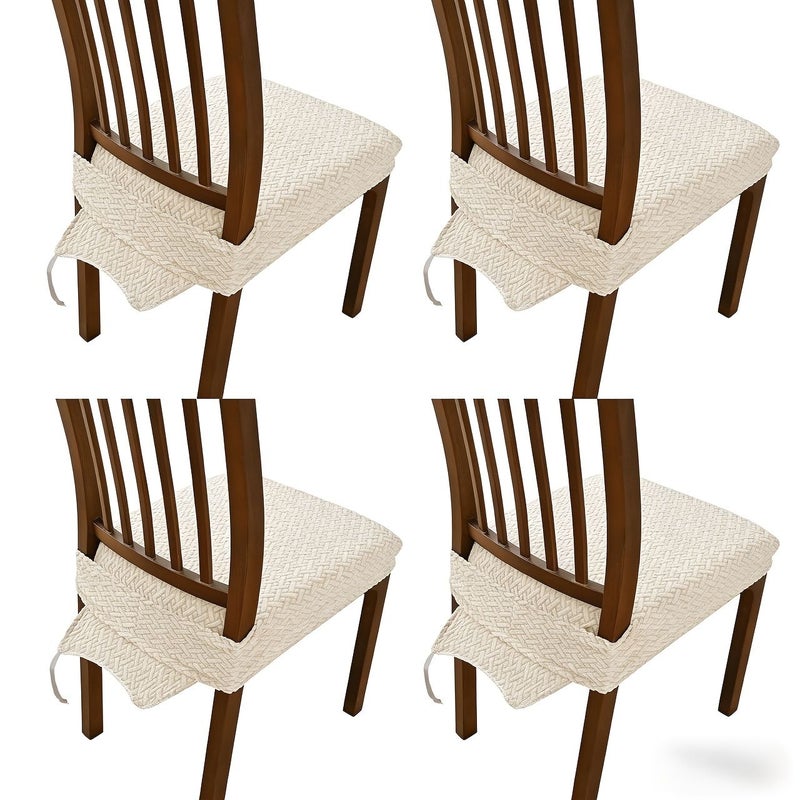 Set Of 4 Anti Slip Seat Covers With Buckle And Tongue Striped Checkered Double Elastic Stretch Jacquard Cushion Covers Washable Chair Covers Beige - Image 5