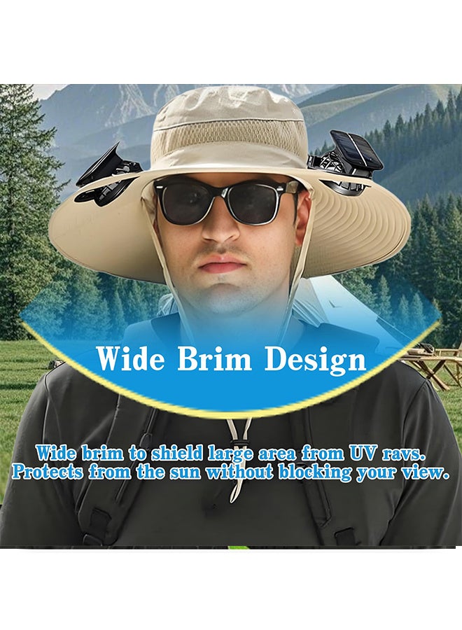 بينكو قبعة خارجية للحماية من الأشعة فوق البنفسجية مزودة بمراوح تعمل بالطاقة الشمسية، قبعة شمس ذات حافة عريضة مع مروحتين تعملان بالطاقة الشمسية للرجال والنساء، قبعة صيد دلو بعامل حماية من الأشعة فوق البنفسجية 50+ مع مروحة مدمجة (كاكي) - Image 2