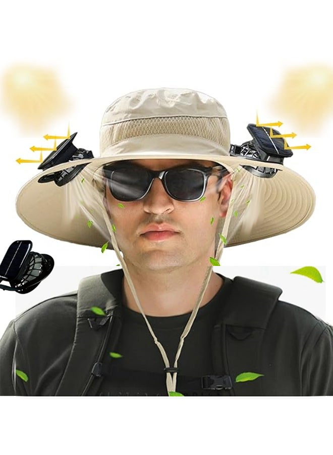 بينكو قبعة خارجية للحماية من الأشعة فوق البنفسجية مزودة بمراوح تعمل بالطاقة الشمسية، قبعة شمس ذات حافة عريضة مع مروحتين تعملان بالطاقة الشمسية للرجال والنساء، قبعة صيد دلو بعامل حماية من الأشعة فوق البنفسجية 50+ مع مروحة مدمجة (كاكي) - Image 1
