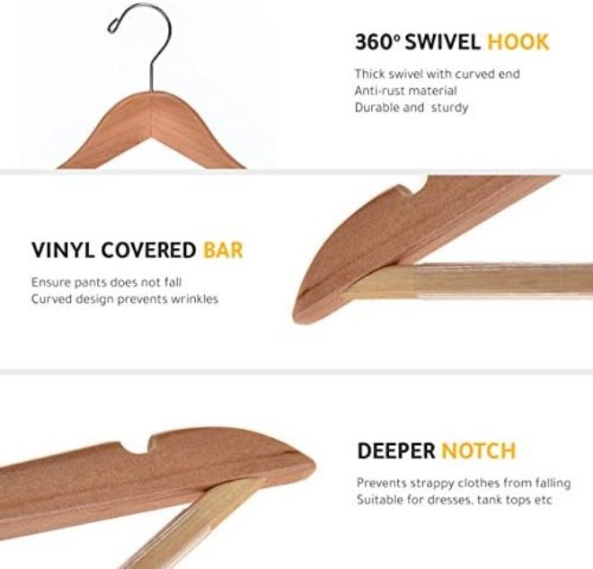 Quality Hangers شماعات خشبية عالية الجودة - طقم شماعات مقوسة قليلاً - شماعات معاطف من الخشب الصلب بخطافات كرومية أنيقة - شماعات متينة للملابس، والسترات، والقمصان، والسراويل، والبدلات (لون طبيعي، 10 قطع) - Image 5