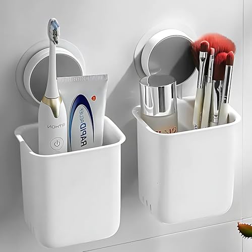 REWOP Toothbrush Holders for Bathroom (Pack of 2), Plastic Wall Mounted Self Adhesive Toothbrush Holder for Bathroom, Toothpaste, Shaver, Razor & Brush Holder (2, Off White, Wall Mount) - Image 1