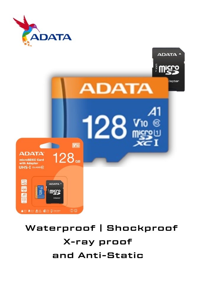ADATA Premier 128GB Memory Card MicroSDHC/SDXC UHS-I Class 10 V10 A1 with Adapter | Waterproof, Shockproof, X-ray proof, and Anti-static