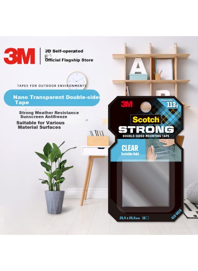 3M 3M Scotch-Brite Nano Transparent Invisible Double-Sided Tape, Square 16 Pieces 410-Sq16, High And Low Temperature Resistant Waterproof 2.5Cm*2.5Cm Suitable For Glass/Ceramic Tile/Acrylic/Metal Surfaces - Image 1