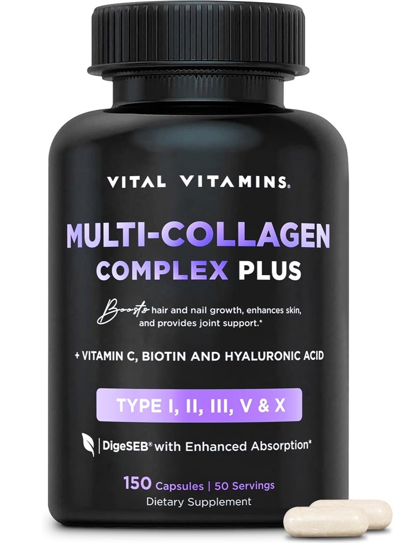 Vital Vitamins Multi Collagen Complex Plus - with Biotin, Hyaluronic Acid, Vitamin C - Type I, II, III, V, X - for Women & Men - Hair, Skin, Nails Beauty Complex - 150 Capsules - Image 1