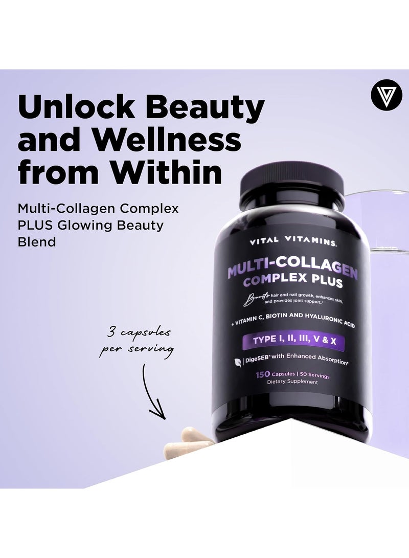 Vital Vitamins Multi Collagen Complex Plus - with Biotin, Hyaluronic Acid, Vitamin C - Type I, II, III, V, X - for Women & Men - Hair, Skin, Nails Beauty Complex - 150 Capsules - Image 2