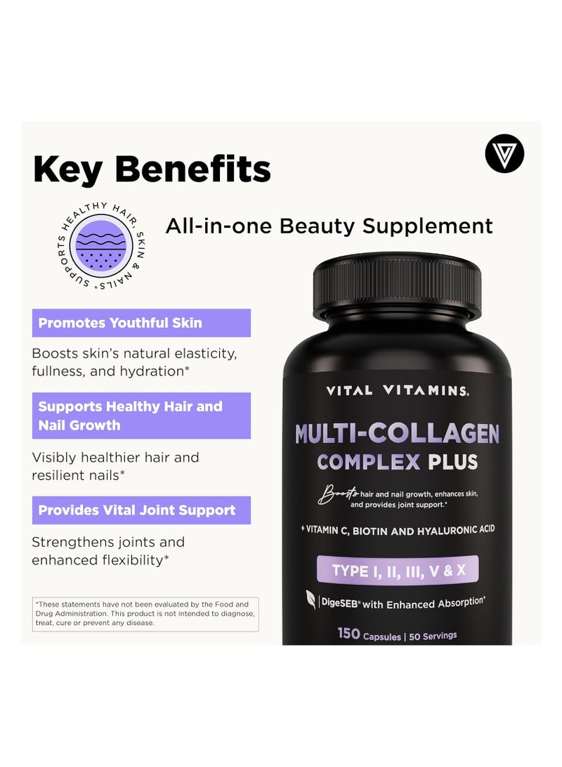 Vital Vitamins Multi Collagen Complex Plus - with Biotin, Hyaluronic Acid, Vitamin C - Type I, II, III, V, X - for Women & Men - Hair, Skin, Nails Beauty Complex - 150 Capsules - Image 4