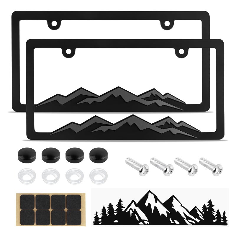Figpade 2PCS Car License Plates Frames with Raised Mountain Pattern & Mountain Car Decal,Stylish Cars Plates Frame with Screws & Caps,Decorative Cars Accessories Thin License Plate Frame - Image 1