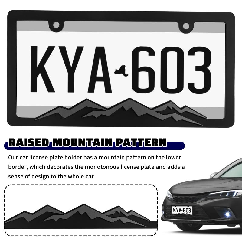 Figpade 2PCS Car License Plates Frames with Raised Mountain Pattern & Mountain Car Decal,Stylish Cars Plates Frame with Screws & Caps,Decorative Cars Accessories Thin License Plate Frame - Image 3