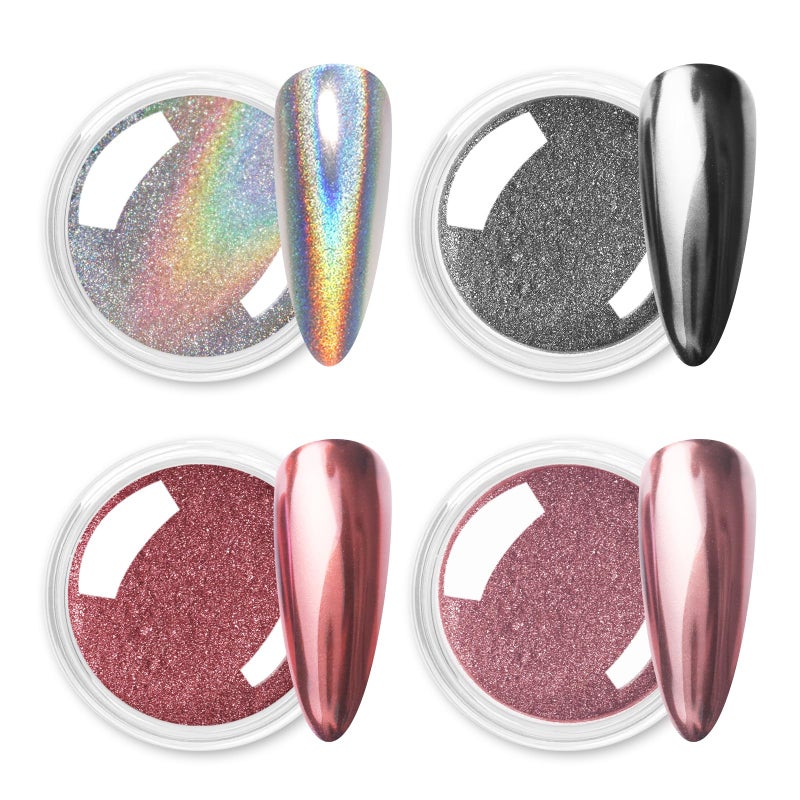 Allstarry Chrome Nail Powder Metallic Mirror Effect Pigment Chrome Holographic Nail Glitter Magic Unicorn Glitter Dust Kit for Manicure Valentines Nail Art Decoration Pink Silver Grey Series