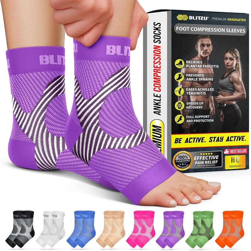 BLITZU Compression Socks for Plantar Fasciitis, Achilles Tendonitis, Arthritis Relief, Ankle Brace Compression Sleeve with Foot Arch Support, Ankle Wrap for Women, Men, Swelling & Heel Pain Purple L-XL - Image 1