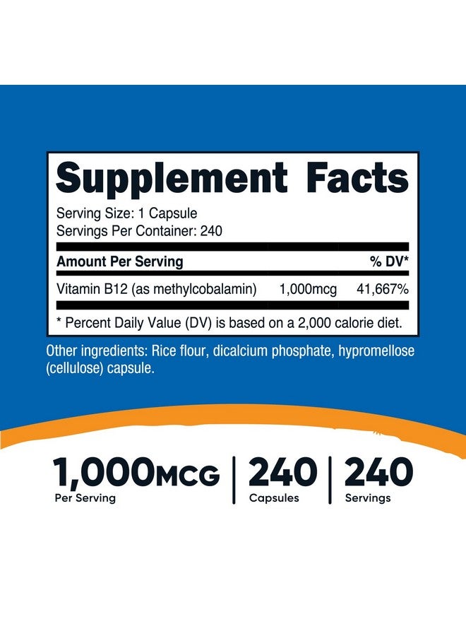 Nutricost فيتامين ب12 (ميثيل كوبالامين) 1000 ميكروجرام، 240 كبسولة - مكمل غذائي نباتي وخالي من الكائنات المعدلة وراثيًا وخالي من الجلوتين - Image 2
