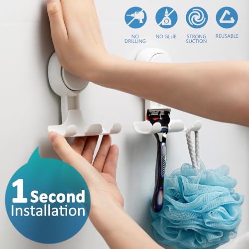 TAILI Suction Cup Razor Holder in Shower 2 Pack, Towel, Loofah, Shaver Holder for Bathroom Wall, Powerful Suction Cup Shower Hooks, Easy to Install and Reuse, White - Image 2