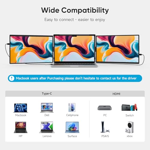 Dopesplay Laptop Screen Extender, 14" Triple Portable Monitor for Laptop, FHD 1200P IPS Screen Extender Monitors for 14"-17.3" Carry a USB flash drive，Plug & Play Compatible with Windows, Mac, Android - Image 3