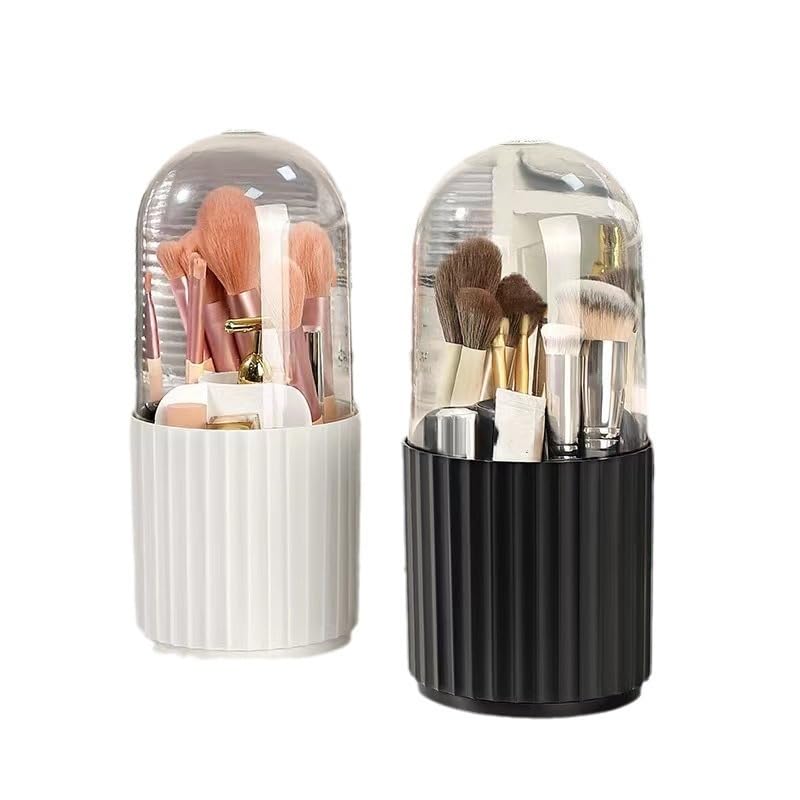 Ariettie Makeup Brush Holder Organizer with Lid, 360 Degree Rotatable Makeup Brush Organizer Spinning Cosmetics Holders Brush Storage Box Display for Bathroom Vanity Countertop, White - Image 1