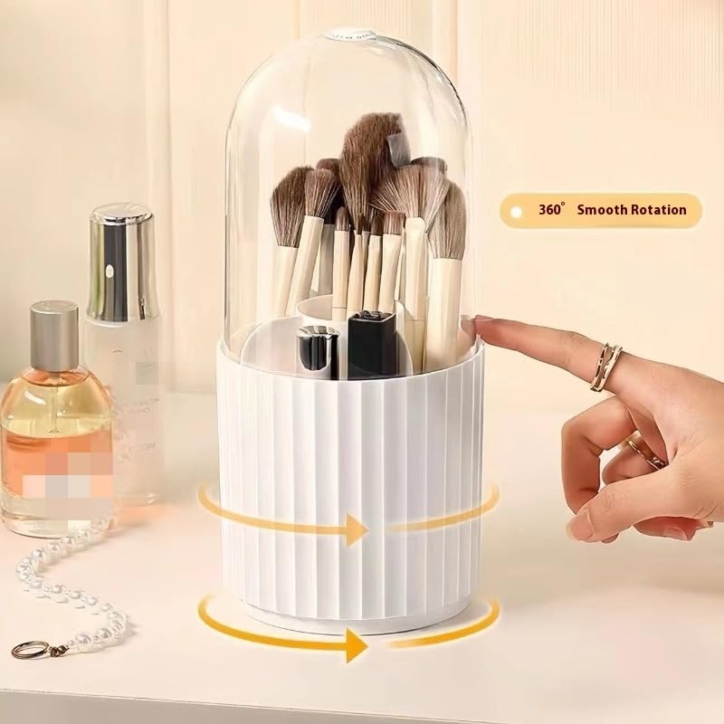 Ariettie Makeup Brush Holder Organizer with Lid, 360 Degree Rotatable Makeup Brush Organizer Spinning Cosmetics Holders Brush Storage Box Display for Bathroom Vanity Countertop, White - Image 4