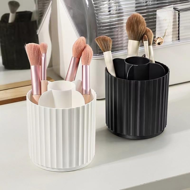 Ariettie Makeup Brush Holder Organizer with Lid, 360 Degree Rotatable Makeup Brush Organizer Spinning Cosmetics Holders Brush Storage Box Display for Bathroom Vanity Countertop, White - Image 3