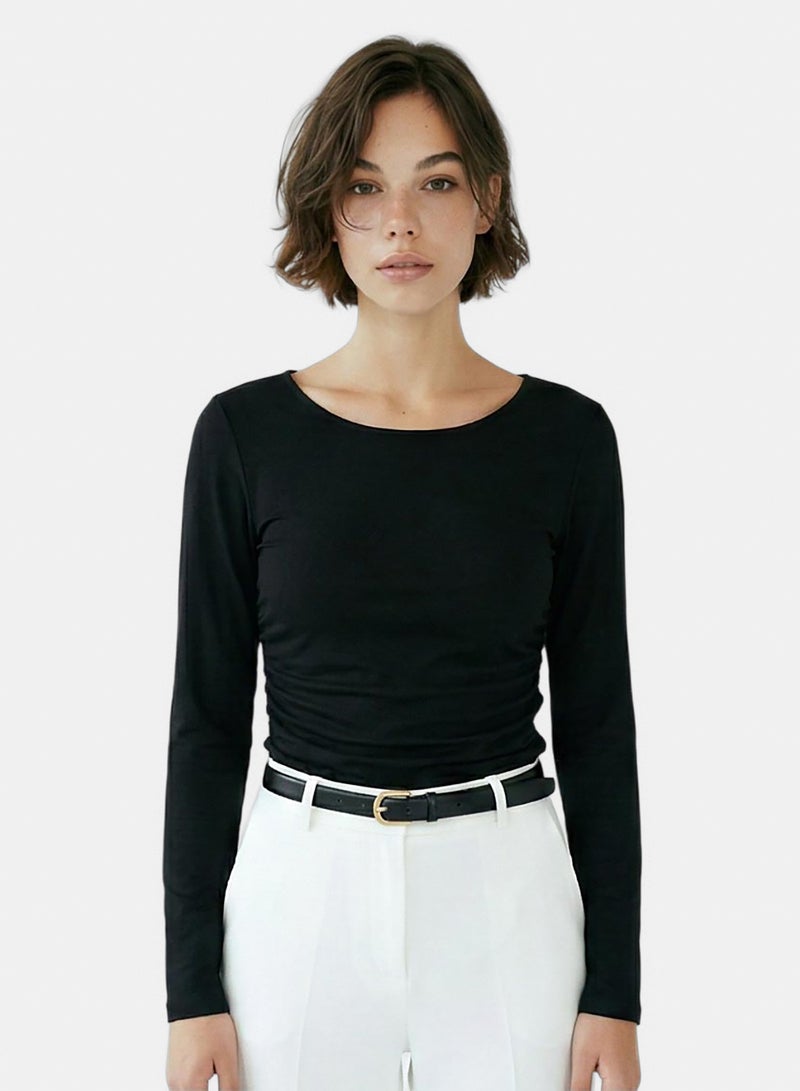 RAVIN Women Sleek Black Side-Ruched Long Sleeve T-Shirt - Image 1