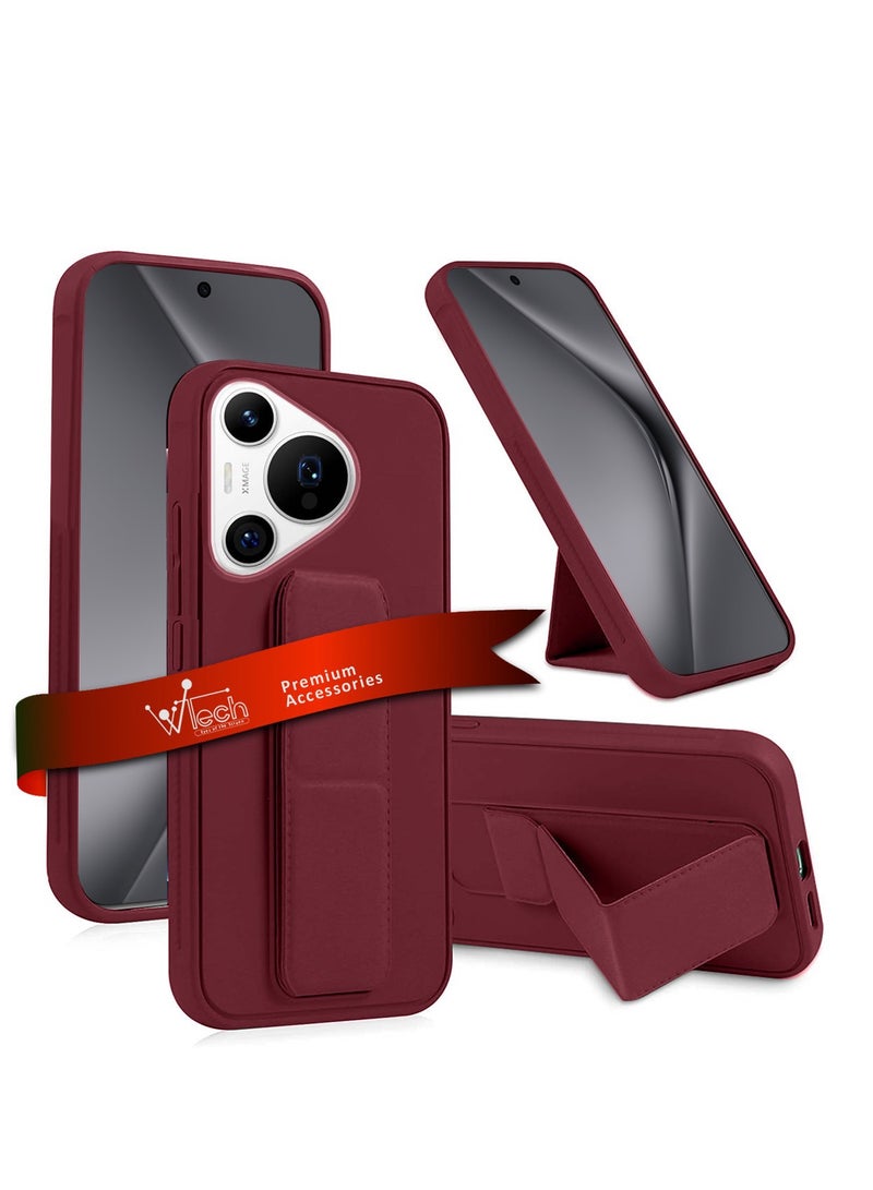 Wtech Hand Grip Foldable Magnetic Kickstand Wrist Strap Finger Grip With Built-In Iron Case Cover For Huawei Pura 70 5G 2024 Maroon - Image 1