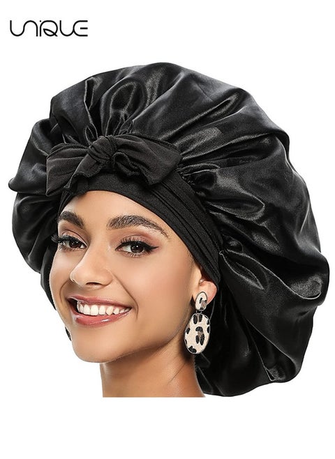 Satin Bonnet for Women, Jumbo Silk Bonnet for Curly Hair, Silk Hair Wrap for Sleeping, Satin Bonnet with Stretchy Tie Band, Silk Bonnet for Curly Hair Wraps for Sleeping(Black)