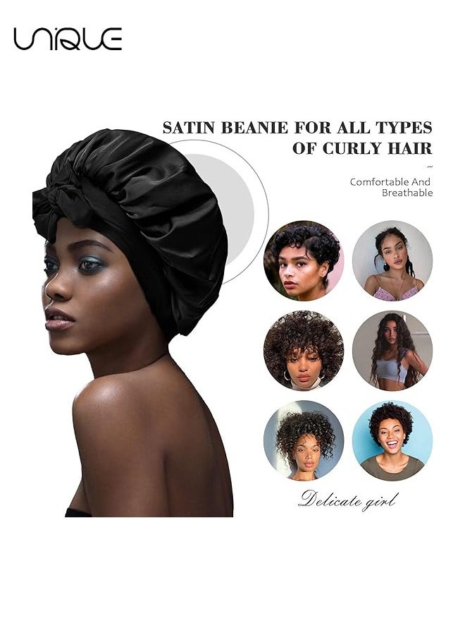 Satin Bonnet for Women, Jumbo Silk Bonnet for Curly Hair, Silk Hair Wrap for Sleeping, Satin Bonnet with Stretchy Tie Band, Silk Bonnet for Curly Hair Wraps for Sleeping(Black)