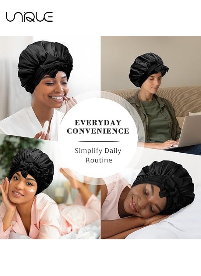 Satin Bonnet for Women, Jumbo Silk Bonnet for Curly Hair, Silk Hair Wrap for Sleeping, Satin Bonnet with Stretchy Tie Band, Silk Bonnet for Curly Hair Wraps for Sleeping(Black)