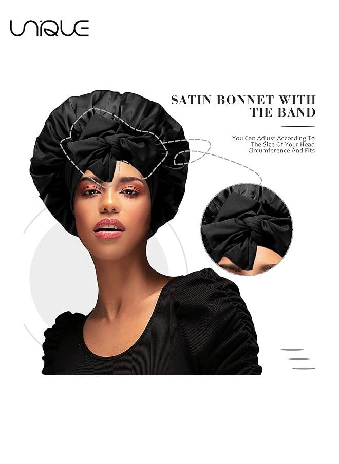 Satin Bonnet for Women, Jumbo Silk Bonnet for Curly Hair, Silk Hair Wrap for Sleeping, Satin Bonnet with Stretchy Tie Band, Silk Bonnet for Curly Hair Wraps for Sleeping(Black)