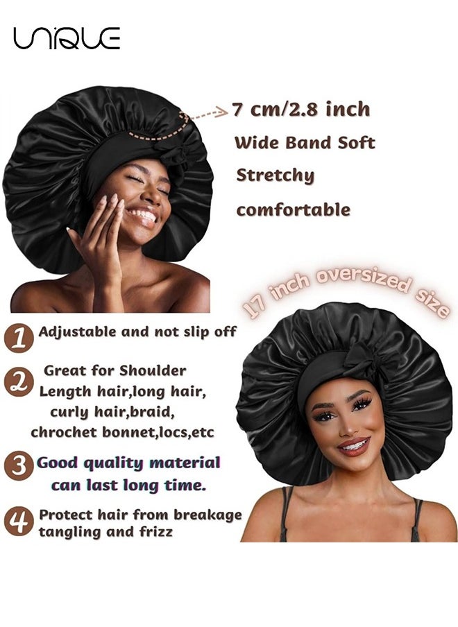 Satin Bonnet for Women, Jumbo Silk Bonnet for Curly Hair, Silk Hair Wrap for Sleeping, Satin Bonnet with Stretchy Tie Band, Silk Bonnet for Curly Hair Wraps for Sleeping(Black)