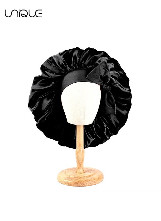 Satin Bonnet for Women, Jumbo Silk Bonnet for Curly Hair, Silk Hair Wrap for Sleeping, Satin Bonnet with Stretchy Tie Band, Silk Bonnet for Curly Hair Wraps for Sleeping(Black)