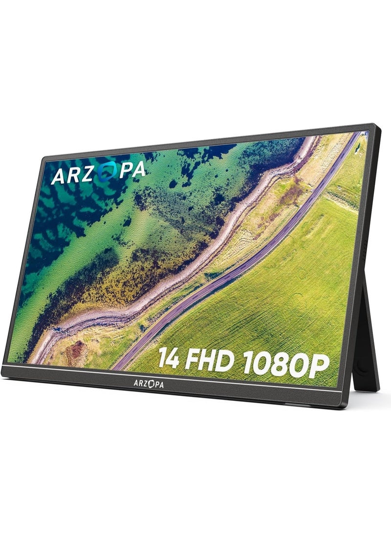 ARZOPA Portable Monitor Kickstand, 14.0" Ultra Slim Portable Laptop Monitor FHD 1080P External Display with Dual Speakers Second Screen for Laptop PC Phone Xbox PS4/5 Switch - Image 1