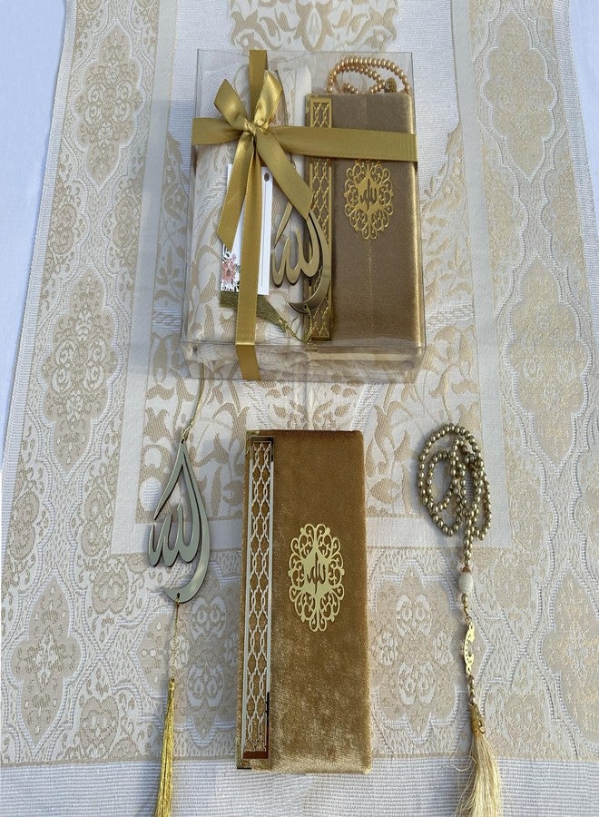 SAIKA Prayer Rug Set with Thanks Card, Full Arabic Quran Prayer Rug, Beads and Car Hanger Set,Ramadan Eid Wedding Birthday Graduation Mother's Day (Gold) - Image 1