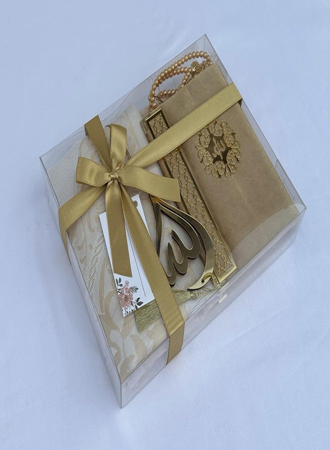 SAIKA Prayer Rug Set with Thanks Card, Full Arabic Quran Prayer Rug, Beads and Car Hanger Set,Ramadan Eid Wedding Birthday Graduation Mother's Day (Gold) - Image 3