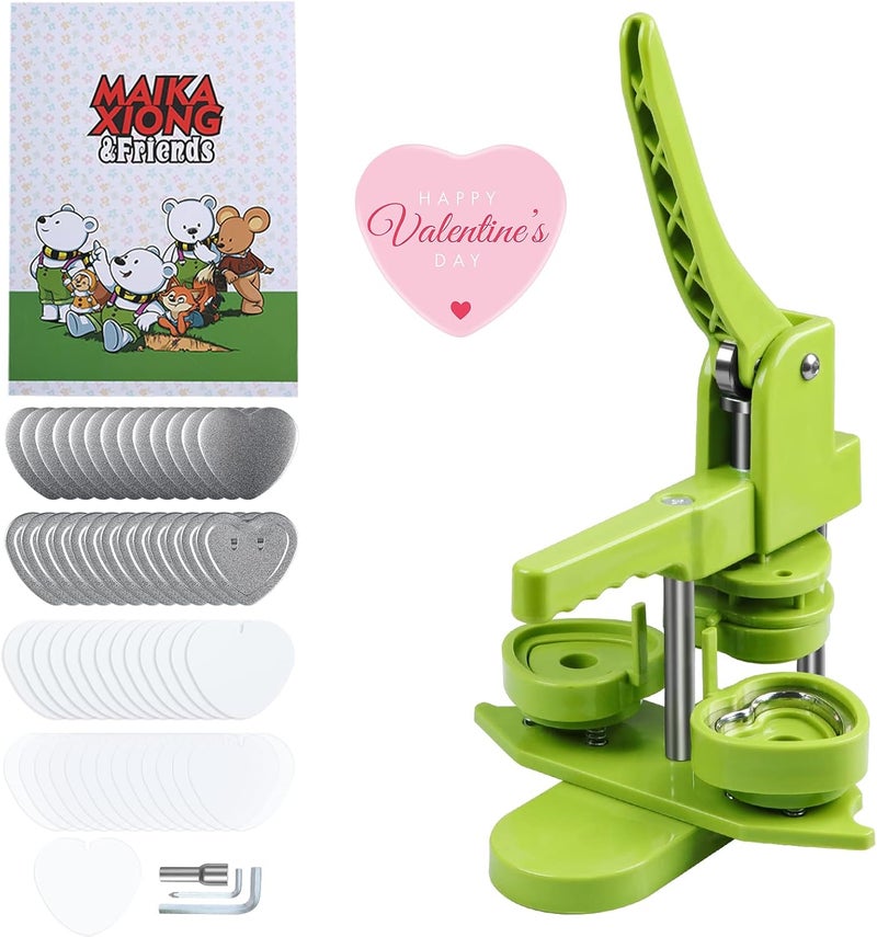 MK.Bear Heart Button Maker Machine DIY Gift, Installation-Free Button Maker Press Machine, Pin Button Making Machine with Free 100 Sets Heart Button Making Supplies & Circle Cutter & Magic Book(Green) - Image 1