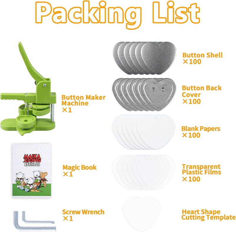MK.Bear Heart Button Maker Machine DIY Gift, Installation-Free Button Maker Press Machine, Pin Button Making Machine with Free 100 Sets Heart Button Making Supplies & Circle Cutter & Magic Book(Green) - Image 5