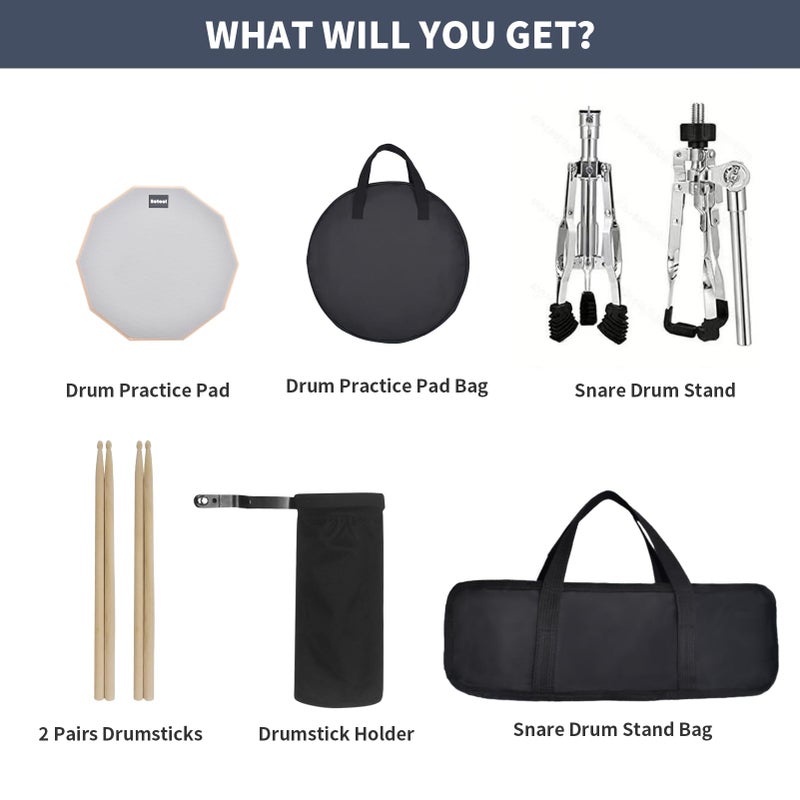 Seteol Drum Practice Pad Set, 12 Inch Double Sided Silent Drum Pad with Storage Bag + Adjustable Snare Drum Stand with Carry Bag + 2 Pair Drum Sticks with Drumstick Holder, Fits 10"-14" Drums (Grey) - Image 2