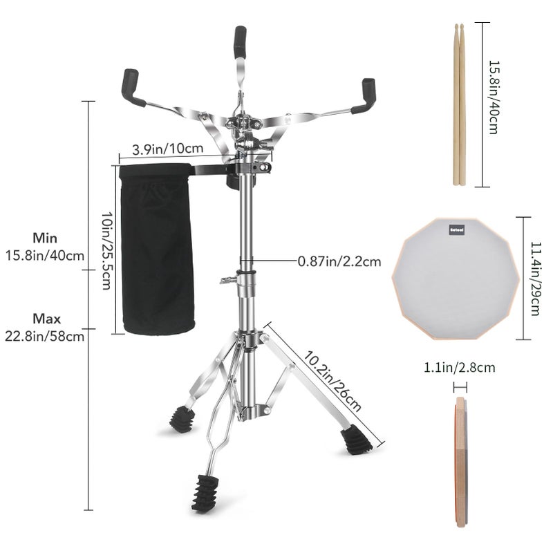 Seteol Drum Practice Pad Set, 12 Inch Double Sided Silent Drum Pad with Storage Bag + Adjustable Snare Drum Stand with Carry Bag + 2 Pair Drum Sticks with Drumstick Holder, Fits 10"-14" Drums (Grey) - Image 3