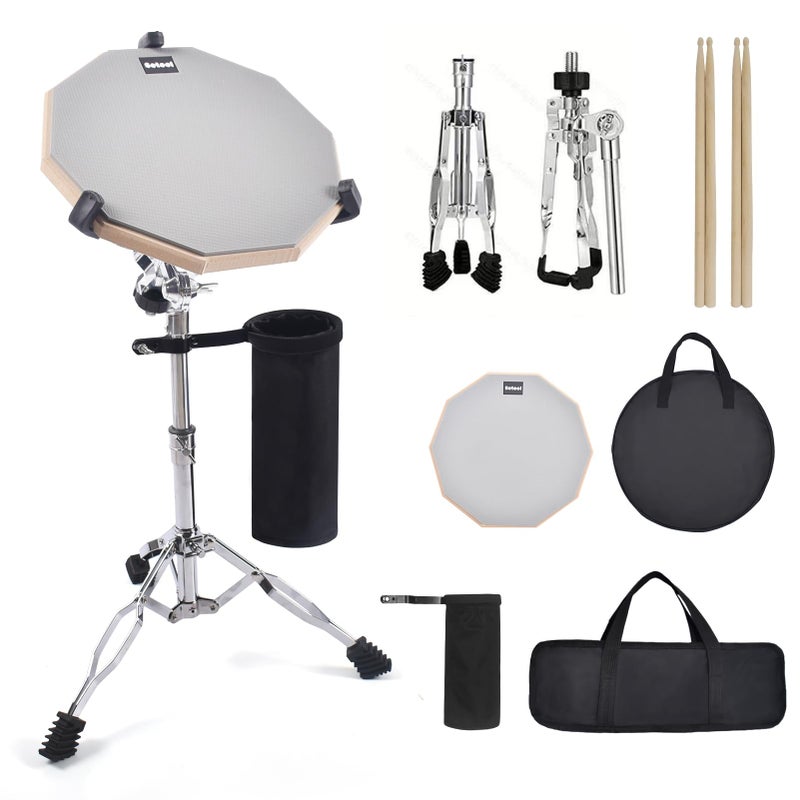 Seteol Drum Practice Pad Set, 12 Inch Double Sided Silent Drum Pad with Storage Bag + Adjustable Snare Drum Stand with Carry Bag + 2 Pair Drum Sticks with Drumstick Holder, Fits 10"-14" Drums (Grey) - Image 1