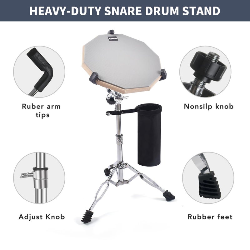 Seteol Drum Practice Pad Set, 12 Inch Double Sided Silent Drum Pad with Storage Bag + Adjustable Snare Drum Stand with Carry Bag + 2 Pair Drum Sticks with Drumstick Holder, Fits 10"-14" Drums (Grey) - Image 5