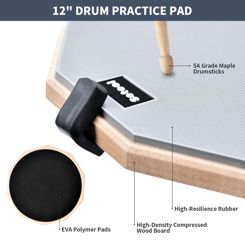 Seteol Drum Practice Pad Set, 12 Inch Double Sided Silent Drum Pad with Storage Bag + Adjustable Snare Drum Stand with Carry Bag + 2 Pair Drum Sticks with Drumstick Holder, Fits 10"-14" Drums (Grey) - Image 4