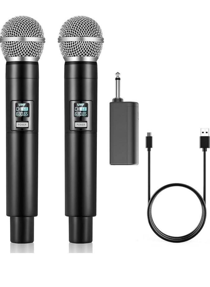 يو اتش اف ميكروفون لاسلكي محمول مزدوج مع مستقبل قابل لإعادة الشحن، ميكروفون للغناء والكاريوكي والكنيسة والخطاب وحفلات الزفاف والغناء في الحفلات - Image 1
